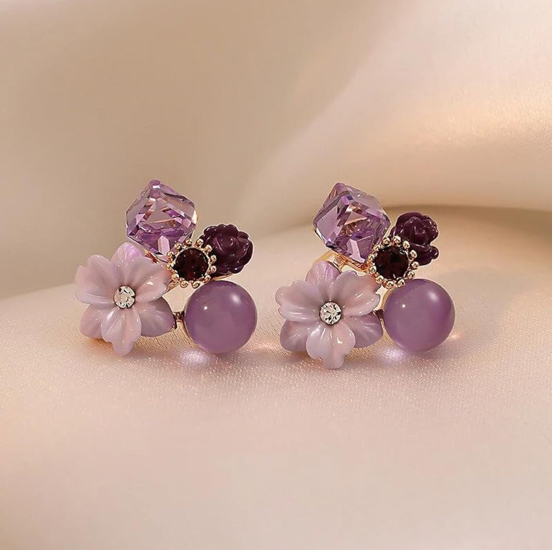 Luxury Purple Crystal Flower & Pearl Earrings – Elegant Floral Jewelry for Women