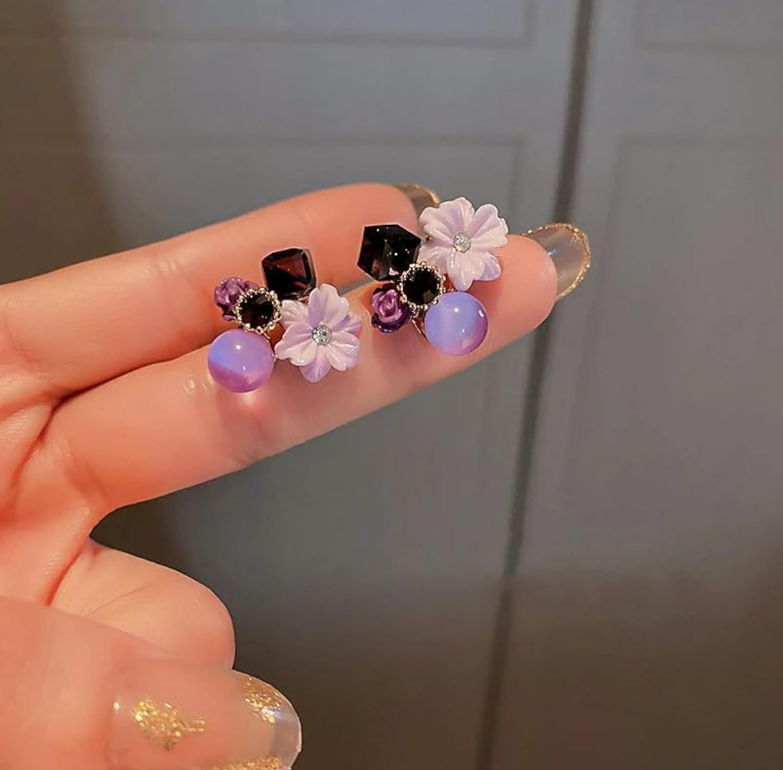 Luxury Purple Crystal Flower & Pearl Earrings – Elegant Floral Jewelry for Women