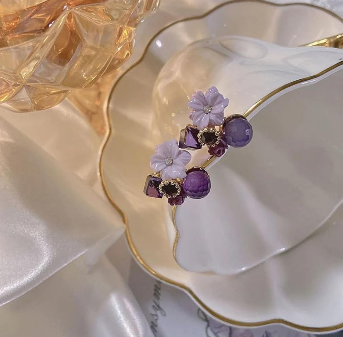 Luxury Purple Crystal Flower & Pearl Earrings – Elegant Floral Jewelry for Women